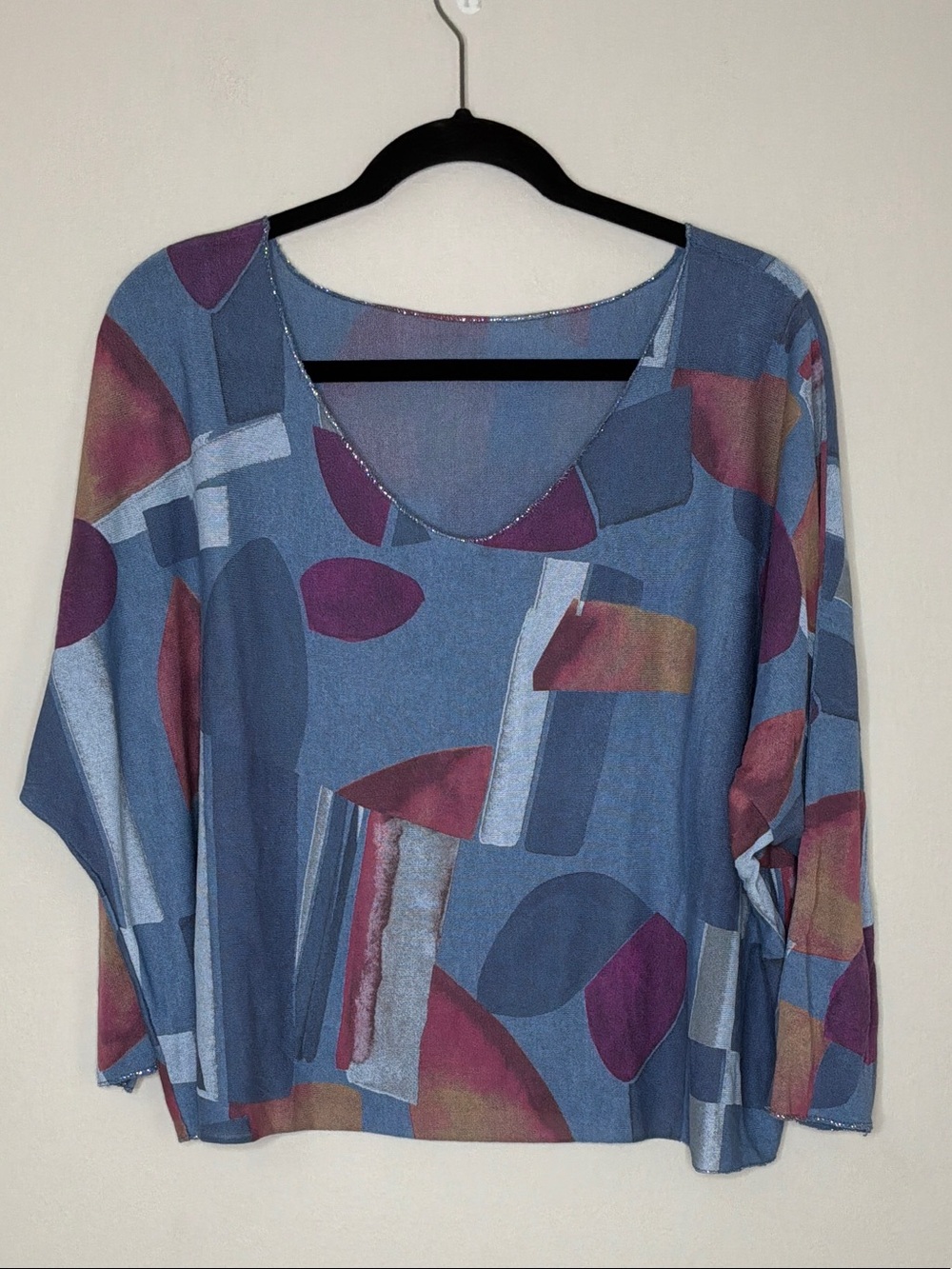 Italian Abstract Scoop Neck Dolman Sleeve Tunic Top in Blue and Purple 3